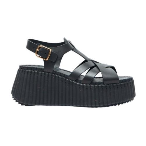 Chloé Räfflad Plattform Läder Sandaler Black, Dam