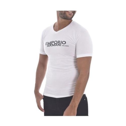 Emporio Armani Logo Bomull T-shirt - V-ringad Kortärmad White, Herr