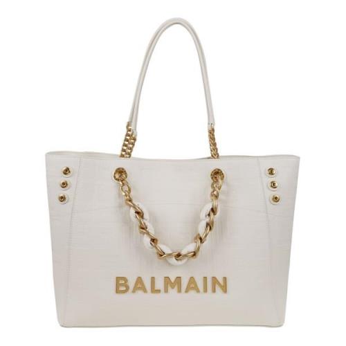 Balmain 1945 Soft Cabas-Grained Läder Axelväska White, Dam