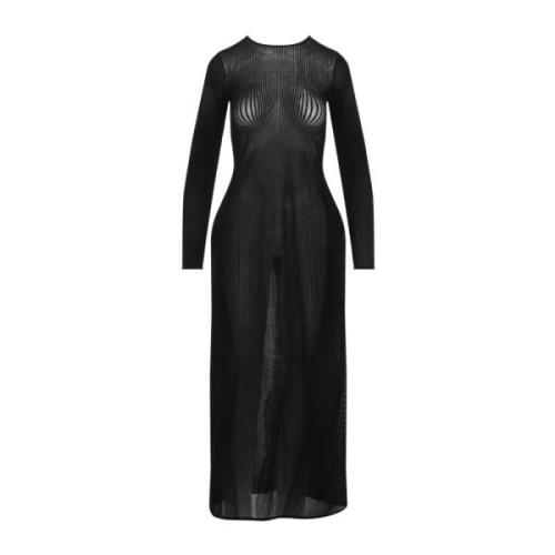 Jean Paul Gaultier Svart Mesh Lång Flocked Klänning Black, Dam