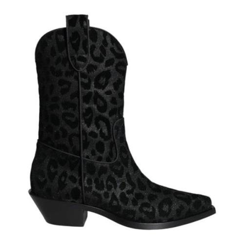 Dolce & Gabbana Leopardmönstrade Cowboy Boots med Lädersula Black, Dam