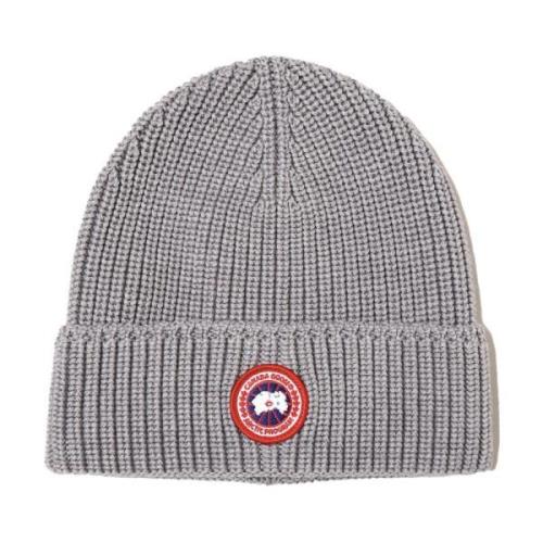 Canada Goose Grå Merinoull Ribbstickad Beanie Mössa Gray, Herr