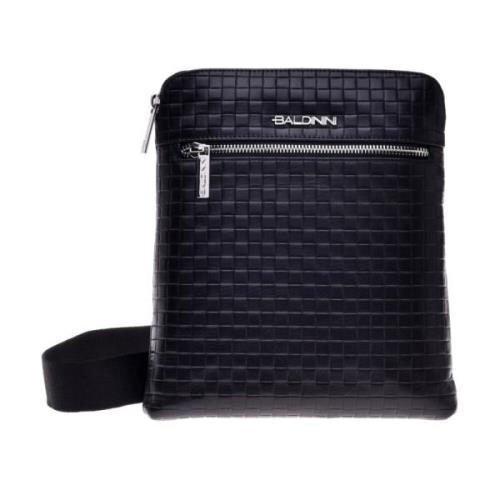 Baldinini Crossbody bag in black woven print leather Black, Herr