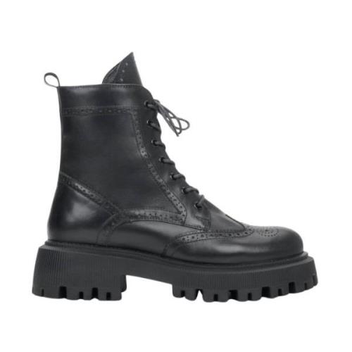 Estro Svarta ankelboots för kvinnor med snören av äkta läder Black, Da...