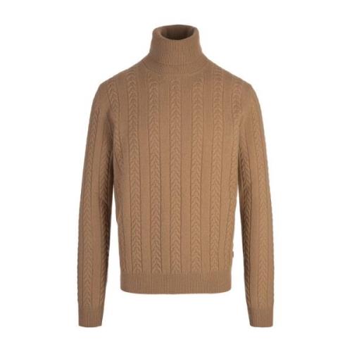 Hugo Boss Brun Cable Stickad Turtleneck Tröja Brown, Herr