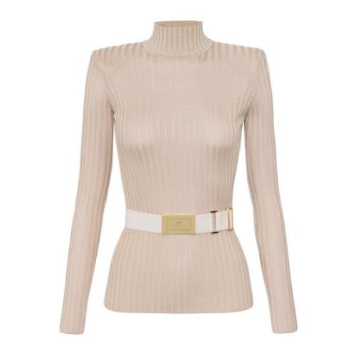 Elisabetta Franchi Blank ribbstickad hög hals jersey med bälte Beige, ...