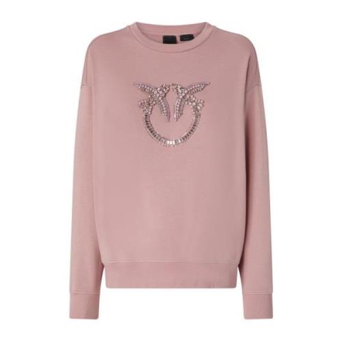 Pinko Love Birds Broderad Rund Hals Sweatshirt Pink, Dam