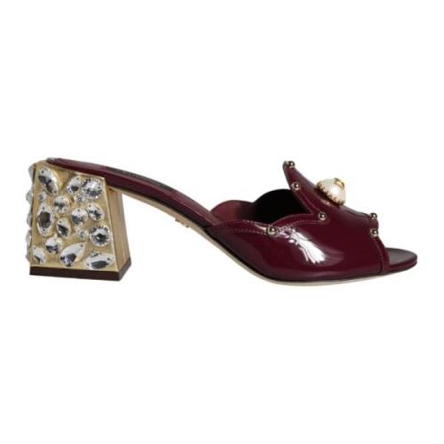 Dolce & Gabbana Kristalläder Slide Sandaler Maroon Gold Brown, Dam