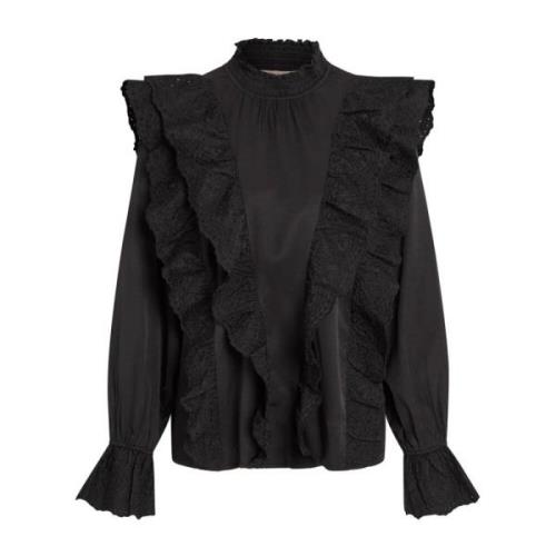 RUE de Femme Svart Broderad Ruffle Blus Black, Dam