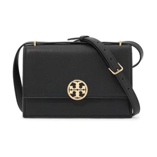 Tory Burch Hammrat läder axelväska med dubbel T-logotyp Black, Dam