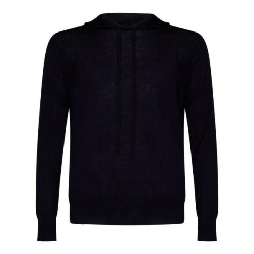 Low Brand Blå Merinoullstickad Hoodie Blue, Herr