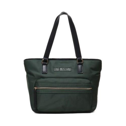 Love Moschino Grön Nylon Toteväska med Dragkedja Green, Dam