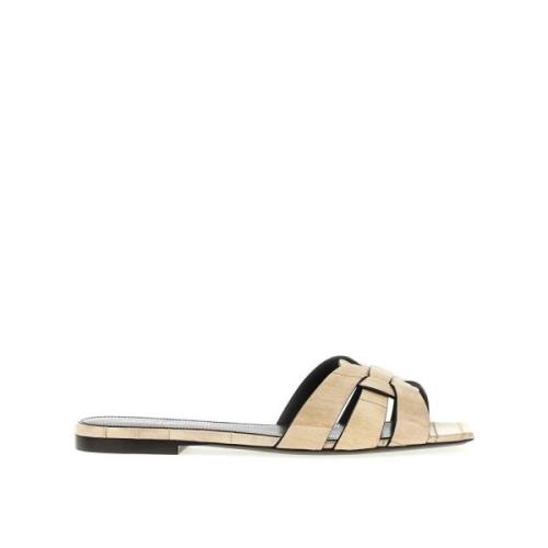 Saint Laurent Ål Läder Platta Sandaler Beige Beige, Dam