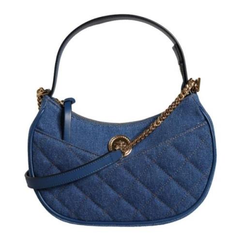 Versace Quiltad Denim Läder Axelväska med Crossbody Rem Blue, Dam