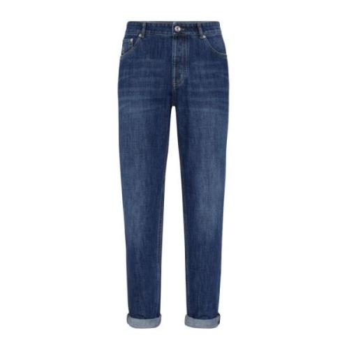 Brunello Cucinelli Blå Denim Byxor Logo Patch Blue, Herr