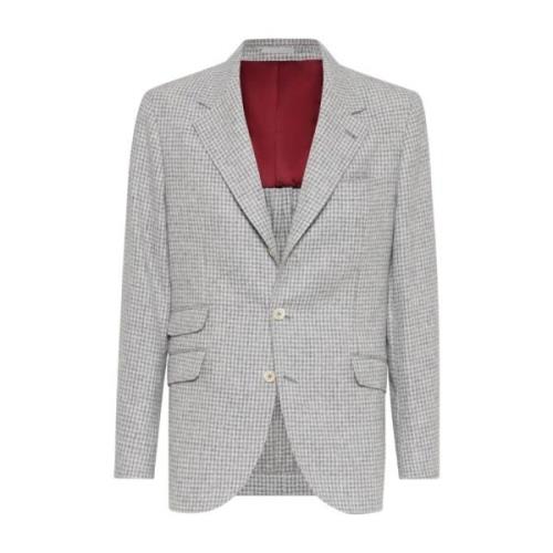 Brunello Cucinelli Hundtandsmönstrad Yllejacka Gray, Herr