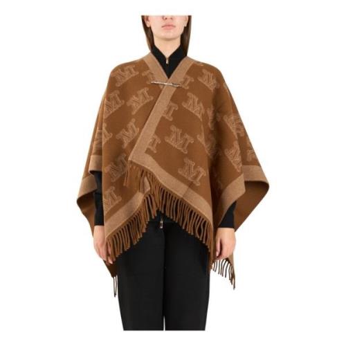 Max Mara Studio Monogram Jacquard Ull Poncho med Fransar Brown, Dam