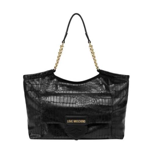 Love Moschino Svart Croco Shopper Väska med Guldlogotyp Black, Dam