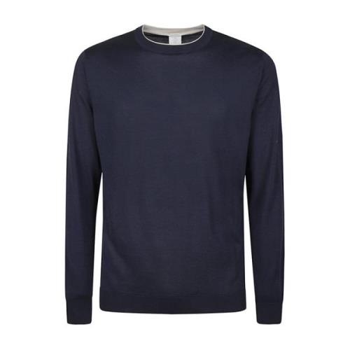 Eleventy Sea Island Bomull Crewneck Tipping Sweater Blue, Herr