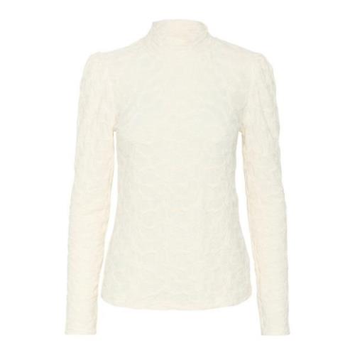 Cream Elegant Texturerad Hög Hals Blus White, Dam