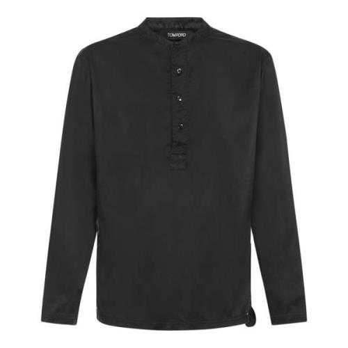 Tom Ford Svart Silke Crewneck Skjorta med Asymmetrisk Hem Black, Herr