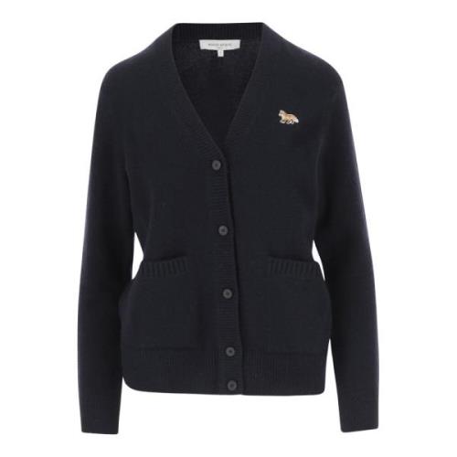 Maison Kitsuné Fox Patch Ull Cardigan V-Hals Marinblå Blue, Dam