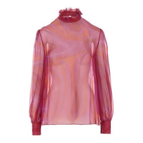 Emilio Pucci Marmormönster Sidenschiffong Blus Red, Dam