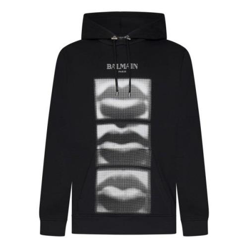 Balmain Svart Lips Print Hoodie Black, Herr