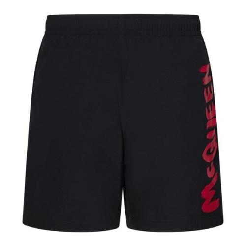 Alexander McQueen Svarta badshorts med röd logotyp Black, Herr