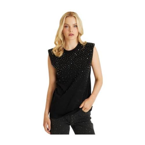 Alma EN Pena T-shirt med strass halsringning Black, Dam