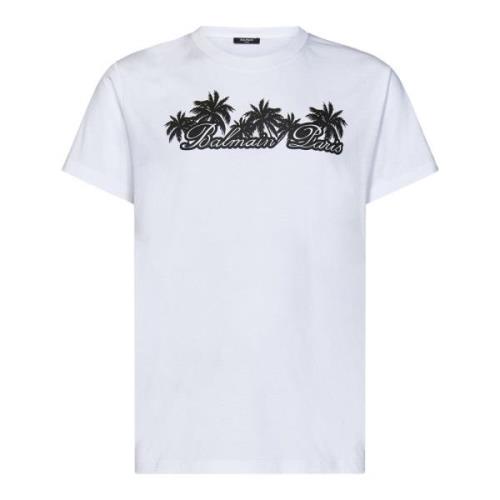 Balmain Vit Palm Tree Logo T-shirt White, Herr