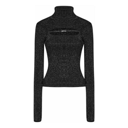 Versace Jeans Couture Svart Lurex Ribbstickad Turtleneck Sweatshirt Bl...