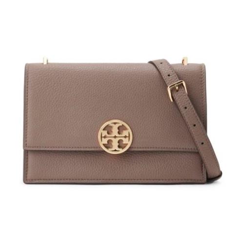 Tory Burch Hammrad Läder Axelväska med Guldtonad Logotyp Brown, Dam