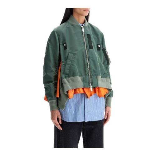 Sacai Nylonbomberjacka med Drapering Green, Dam