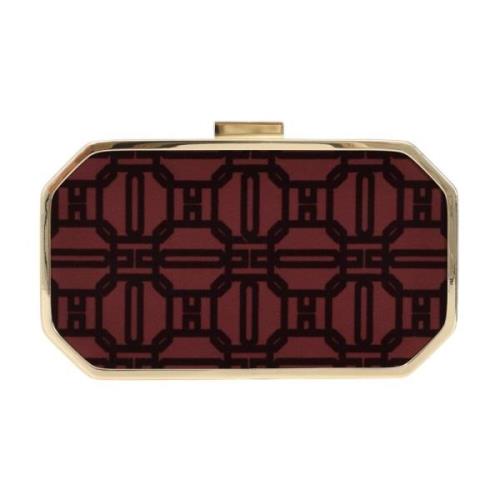 Elisabetta Franchi Burgundy Flock Clutch med Gyllene Metall Brown, Dam