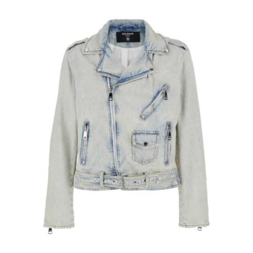 Balmain Denim Biker Jacket Clear Sky Blue Blue, Herr