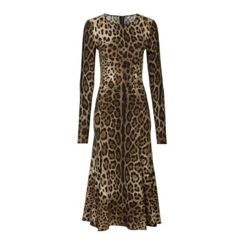 Dolce & Gabbana Leopardmönstrad Kalvlång Cady Klänning Brown, Dam