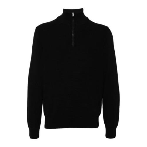 Boss Svart Ull Half Zip Tröja Black, Herr