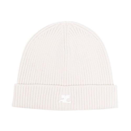 Courrèges Logo-Patch Ribbstickad Beanie Beige, Dam