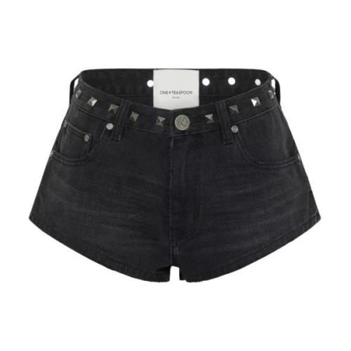 One Teaspoon Svarta Denim Shorts Hög Midja Studs Black, Dam