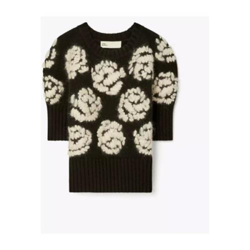 Tory Burch Blommig Broderad Stickad T-shirt Black, Dam