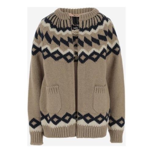 N21 Geometrisk Ull Cardigan med Fickor Brown, Dam