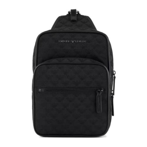 Emporio Armani Svart Nylon Jacquard Axelväska med Örnlogotyp Black, He...