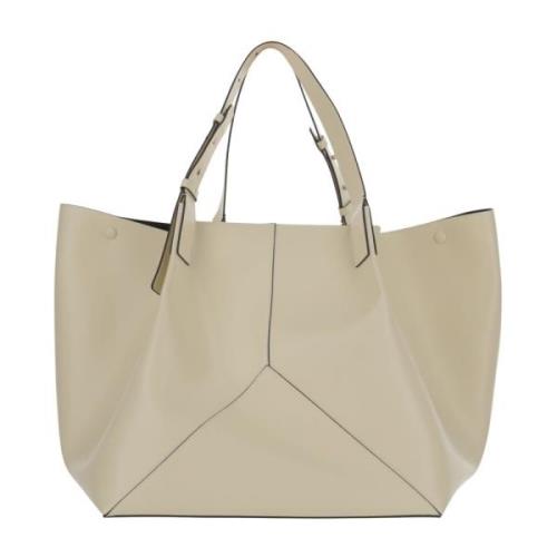 Victoria Beckham Logo Läderhandväska med Justerbara Handtag Beige, Dam