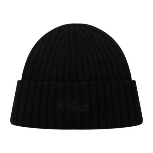 MC2 Saint Barth Svart Cashmere Ribbstickad Beanie Mössa Black, Herr