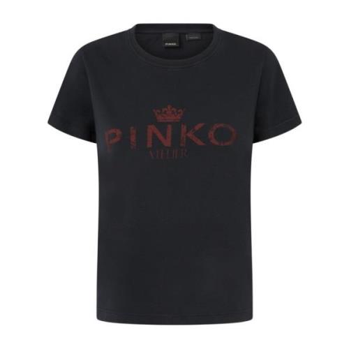 Pinko Bomull T-shirt med Atelier Print Black, Dam