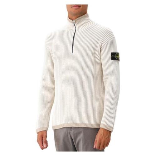 Stone Island Beige Ull Ribbad Halv Zip Tröja Beige, Herr