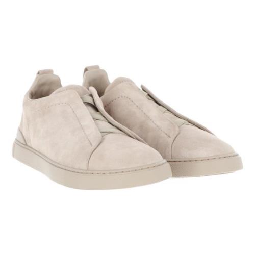 Ermenegildo Zegna Mocka Låg Topp Sneaker Elastisk Kors Beige, Herr