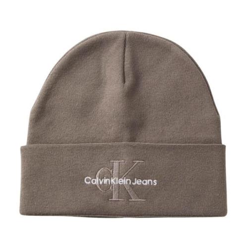 Calvin Klein Beige Ullstickad Mössa Unisex Minimalistisk Beige, Unisex