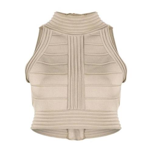 Balmain Räfflad Stickad Tanktop i Beige Beige, Dam